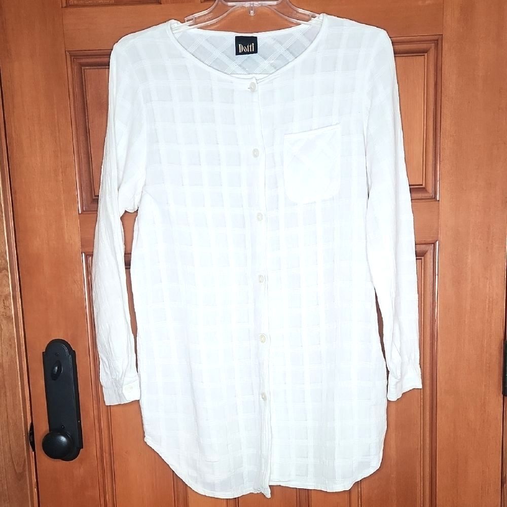 Dotti White Button Down Tunic Shirt Long Sleeve Checkered Textured Womens Size M